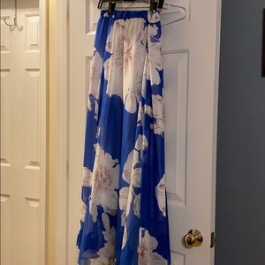 Blue and white floral elastic waist long skirt